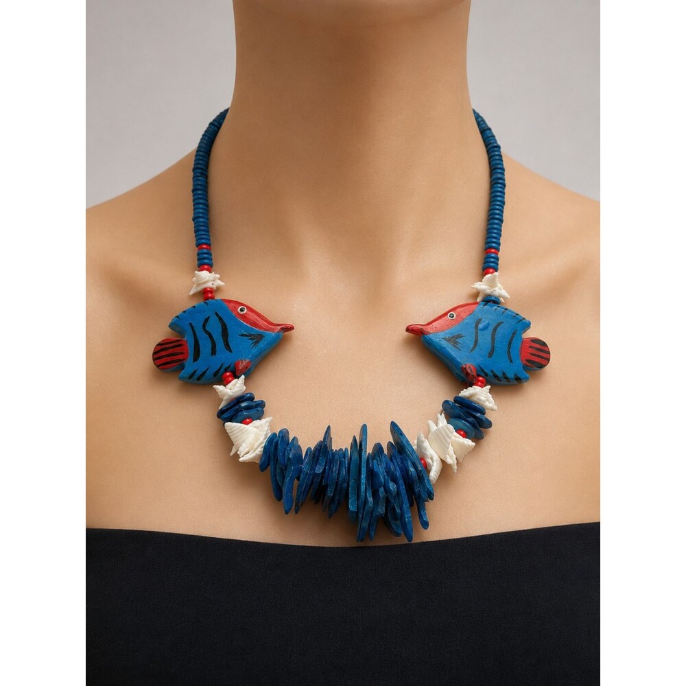 Vintage Hand Carved Wood Tropical Fish Shell Statement Necklace Blue Ocean Boho